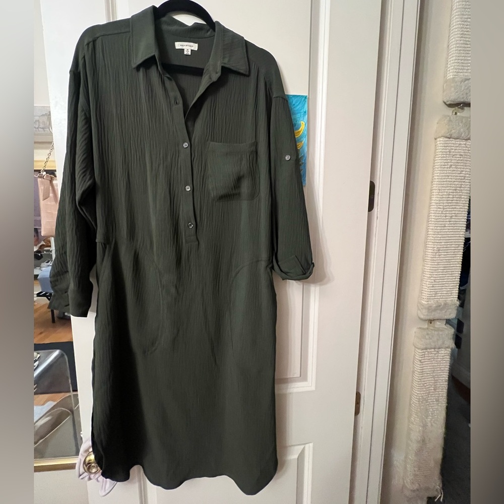 Max Studio olive green button down knee length shirt dress with tie
